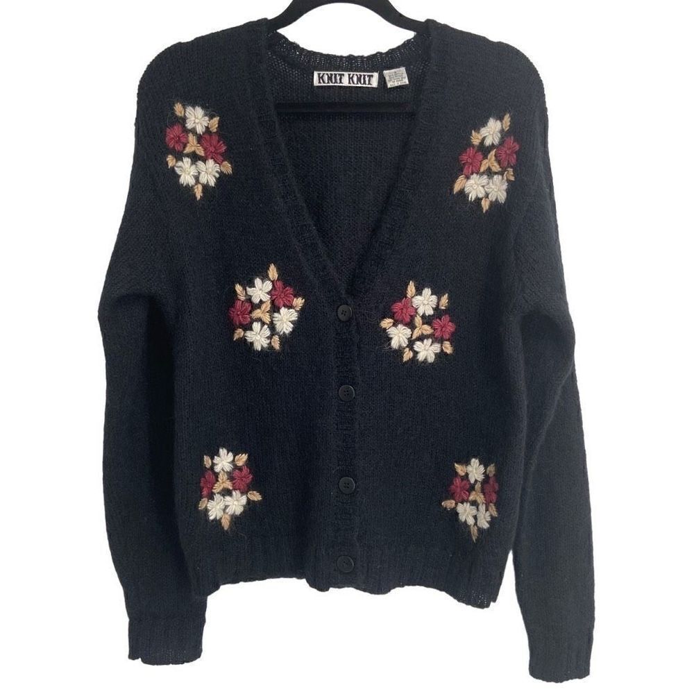 Knit Knit Vintage Mohair Blend Embroidered Cardigan Sweater Black Small‎